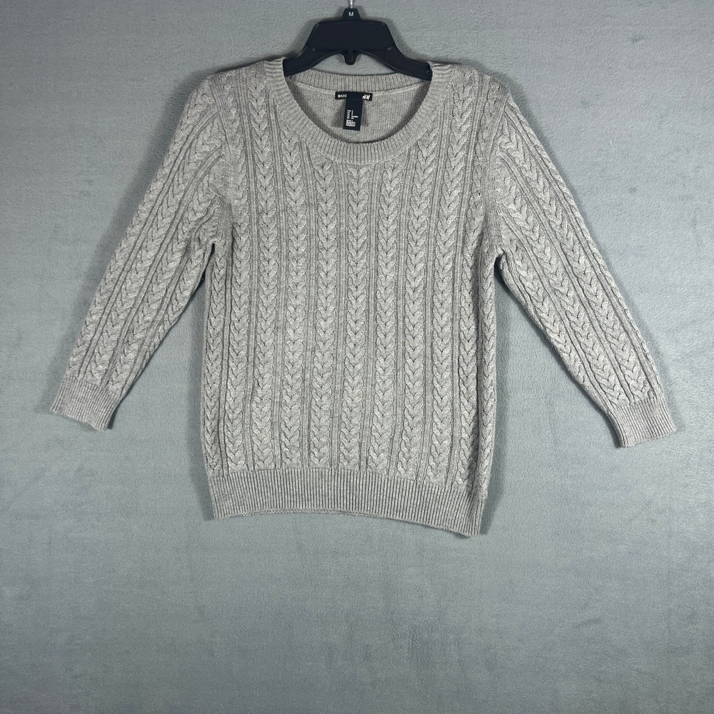 H&M Womens Sweater Size S Gray Cable Knit Pullover 3/4 Sleeve Classic Basic